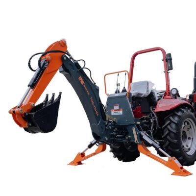 Tractor with a mounted backhoe attachment and stabilizing outriggers extended for digging or lifting tasks