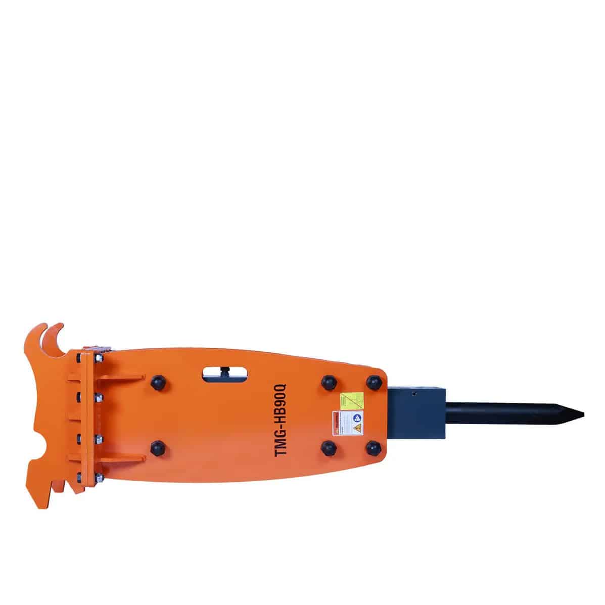 1d2fc5e3-d8b9-5d15-a6c0-9d09914c3909jpg - ExcavatorPin Orange hydraulic breaker attachment with a pointed chisel, model TMG-HB90G, lying horizontally for construction use