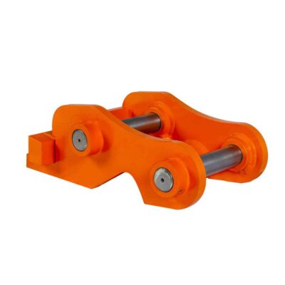 Orange dual-roller bearing assembly with two parallel shafts and a small locking tab—an industrial mechanical component.