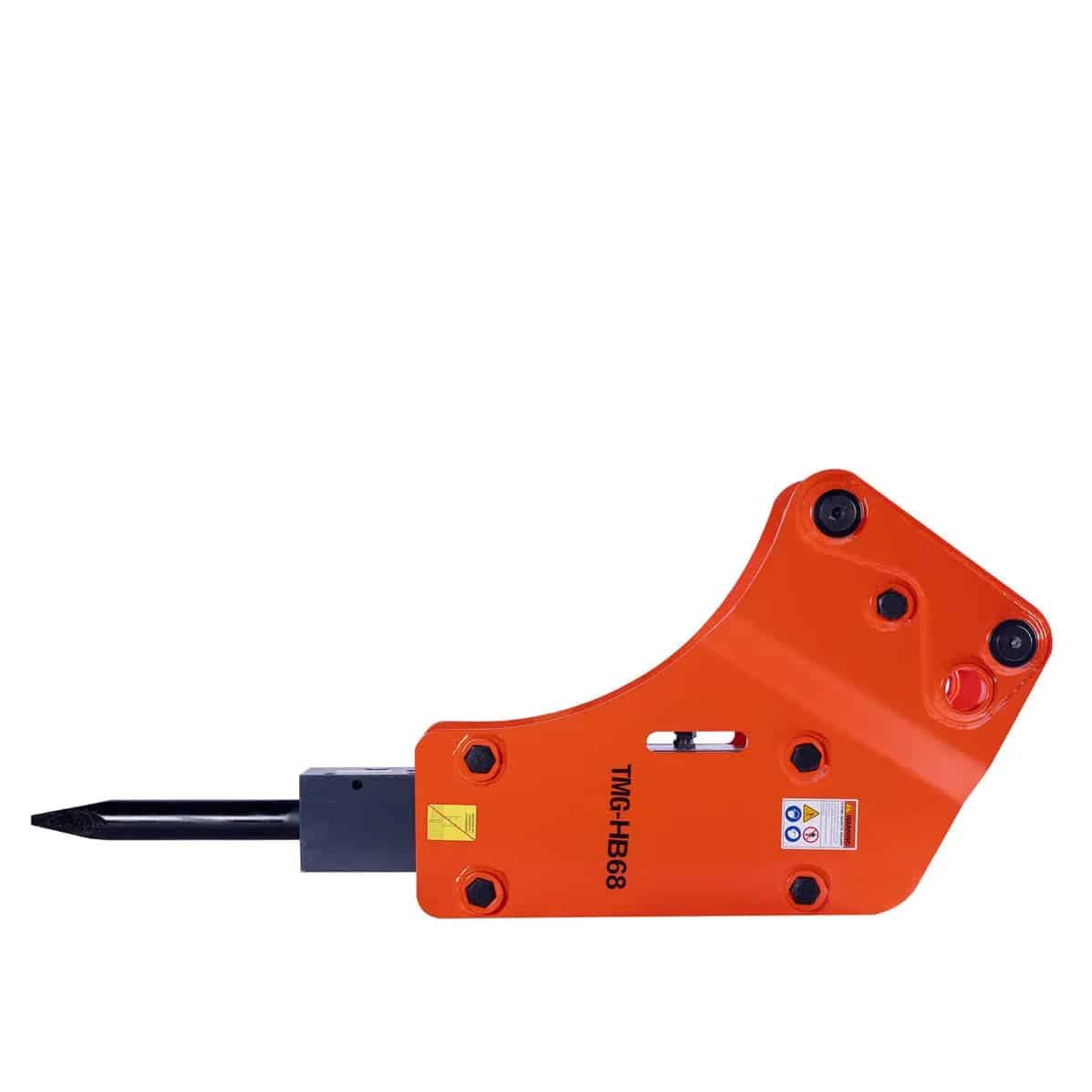 28708c65-df9e-56bb-b608-e8cea28c49e4jpg - ExcavatorPin Orange hydraulic breaker attachment with a pointed chisel tip for heavy demolition fetching ground access.