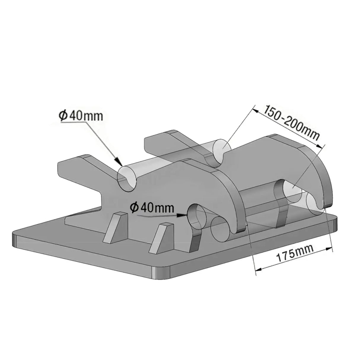 31660c62-5a2c-5445-9dd8-49caefb76ecajpg - ExcavatorPin Isometric CAD drawing of a gray mounting jig with two 40 mm circular holes and an adjustable curved clamp on a base about 175 mm long (150–200 mm range).