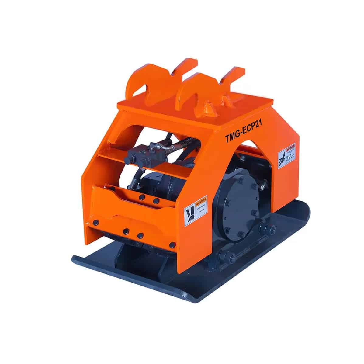 37afd762-3cfb-5b2a-9268-d12006f30b2fjpg - ExcavatorPin Orange industrial soil compactor/attachment with a steel drum and hydraulic components, model TMG-ECP21.