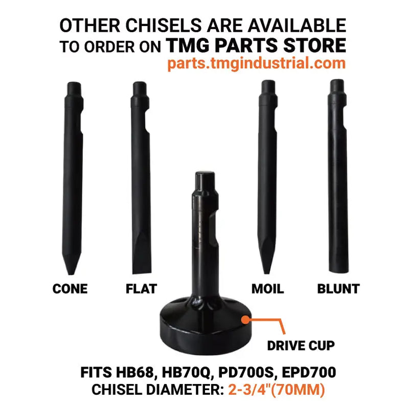 3903cfd7-7e67-5575-8d79-1d41c6164d9cjpg - ExcavatorPin Product diagram showing five breaker chisel tips—Cone, Flat, Moil, Blunt—and a drive cup for a 70 mm (2-3/4 in) diameter chisel.