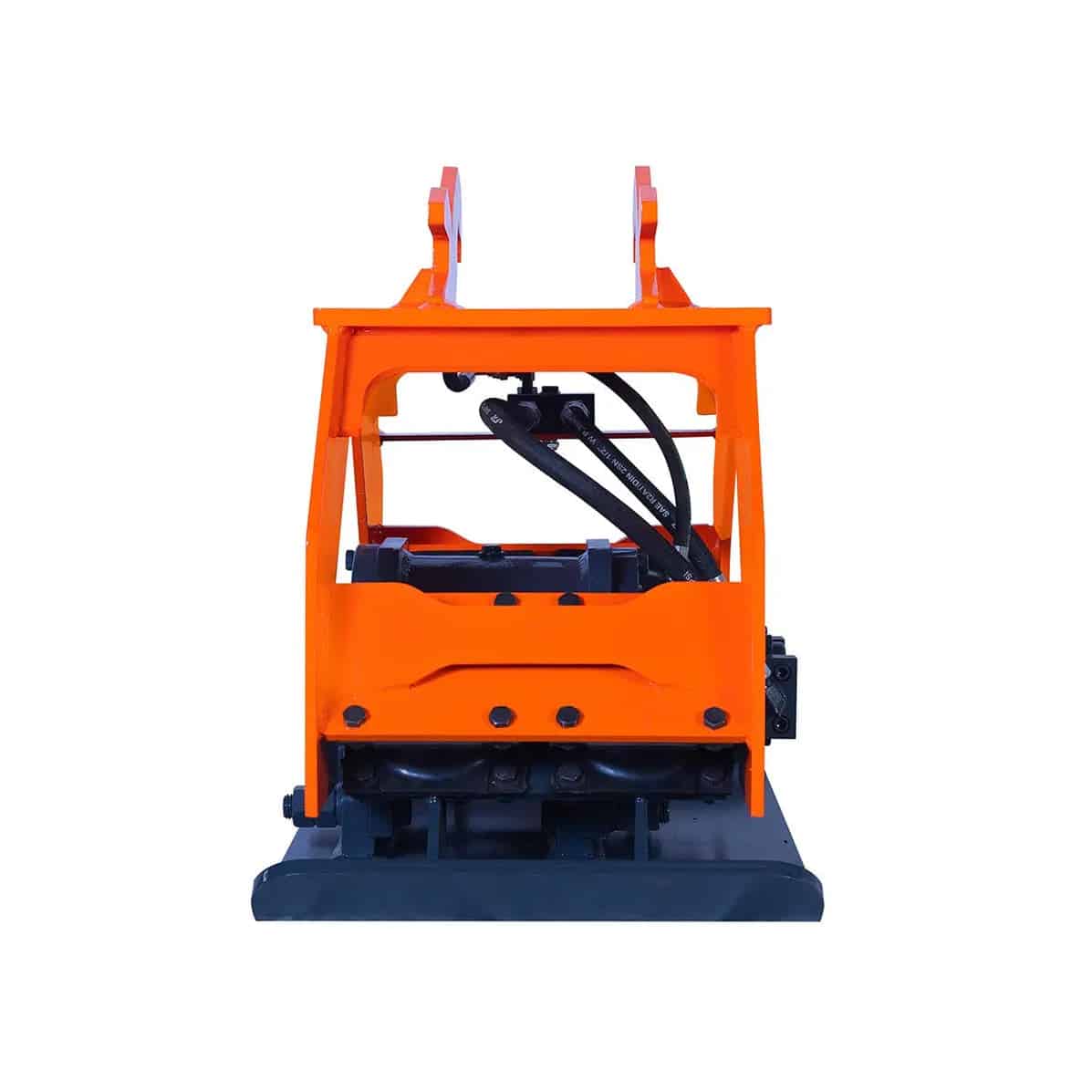 Orange Hydraulic Plate Compactor Front View - ExcavatorPin Front view of an orange hydraulic plate compactor with wide black base plate and hydraulic hoses.