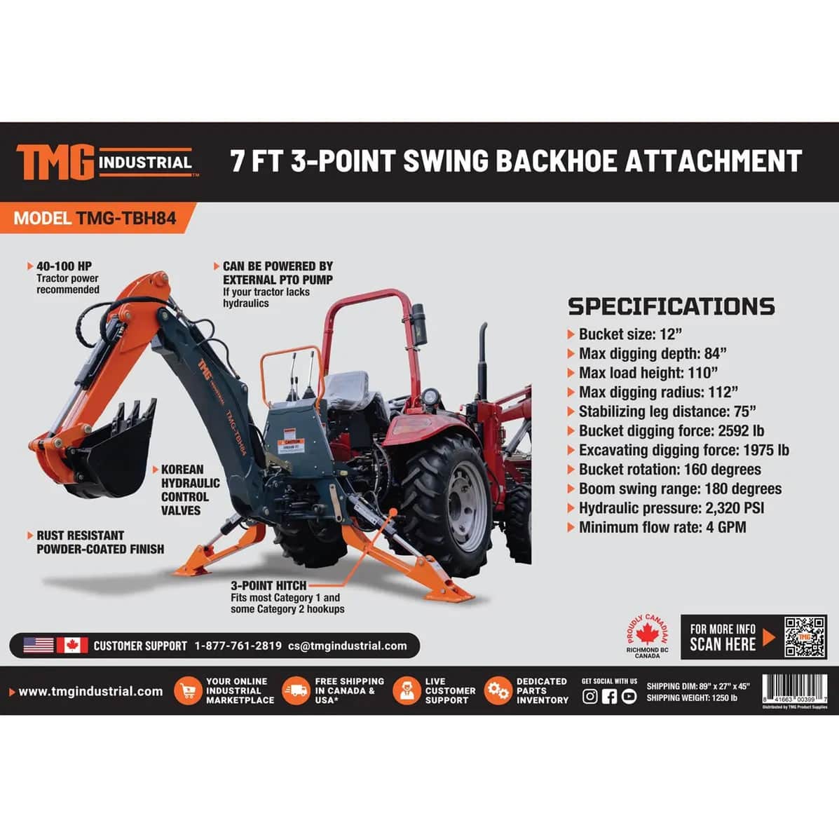 3c91d42e-45d8-5c20-92da-d1c642079784jpg - ExcavatorPin Infographic showing a tractor with a 7 ft 3-point swing backhoe attachment (TMG-TBH84) and a specifications panel on the right with key metrics.