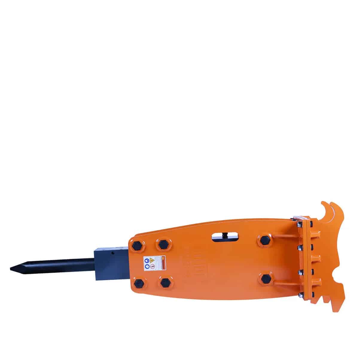 3db9da99-111d-5bc5-a394-b5ed999f0be1jpg - ExcavatorPin Orange hydraulic breaker (jackhammer) attachment with a pointed chisel for mounting on an excavator, shown against a white background.