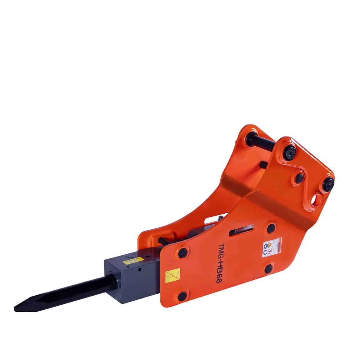 43105b30-760a-5d45-af99-ce6932d0969ajpg - ExcavatorPin Orange excavator quick-hitch attachment with a black spear-like tool and mounting pins visible on the side.