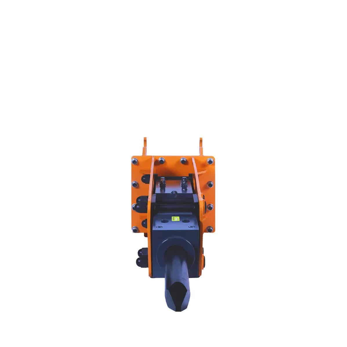 477ffcb0-4515-5dfb-a344-158eebee6299jpg - ExcavatorPin Front view of an orange industrial tool/attachment with a black central shaft and bolts visible around the frame.