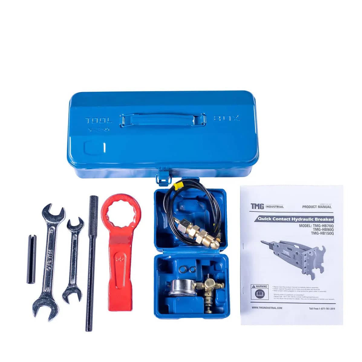 54d7a637-dd72-543a-bb00-404475c5b89djpg - ExcavatorPin Blue toolbox with hydraulic breaker kit contents: wrenches, fittings, handle, and manual laid out beside the case.