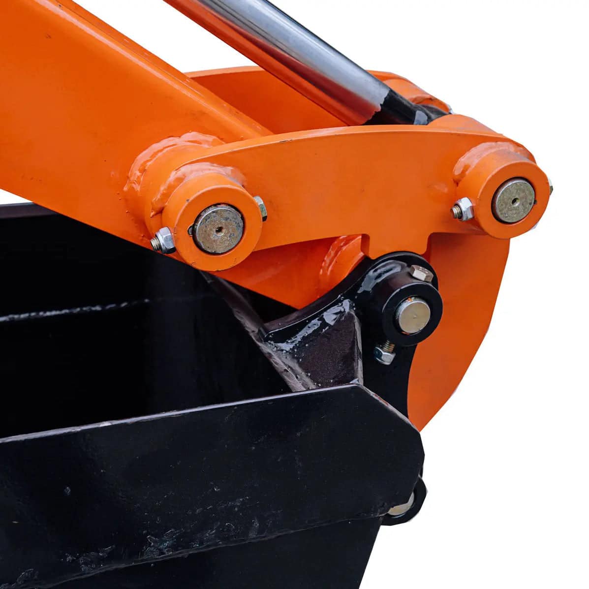59219861-6b4c-5493-824e-ccdfbf6ab56bjpg - ExcavatorPin Close-up of orange excavator arm linkage with pins and a hydraulic cylinder on a black bucket edge visible beneath it, white background.