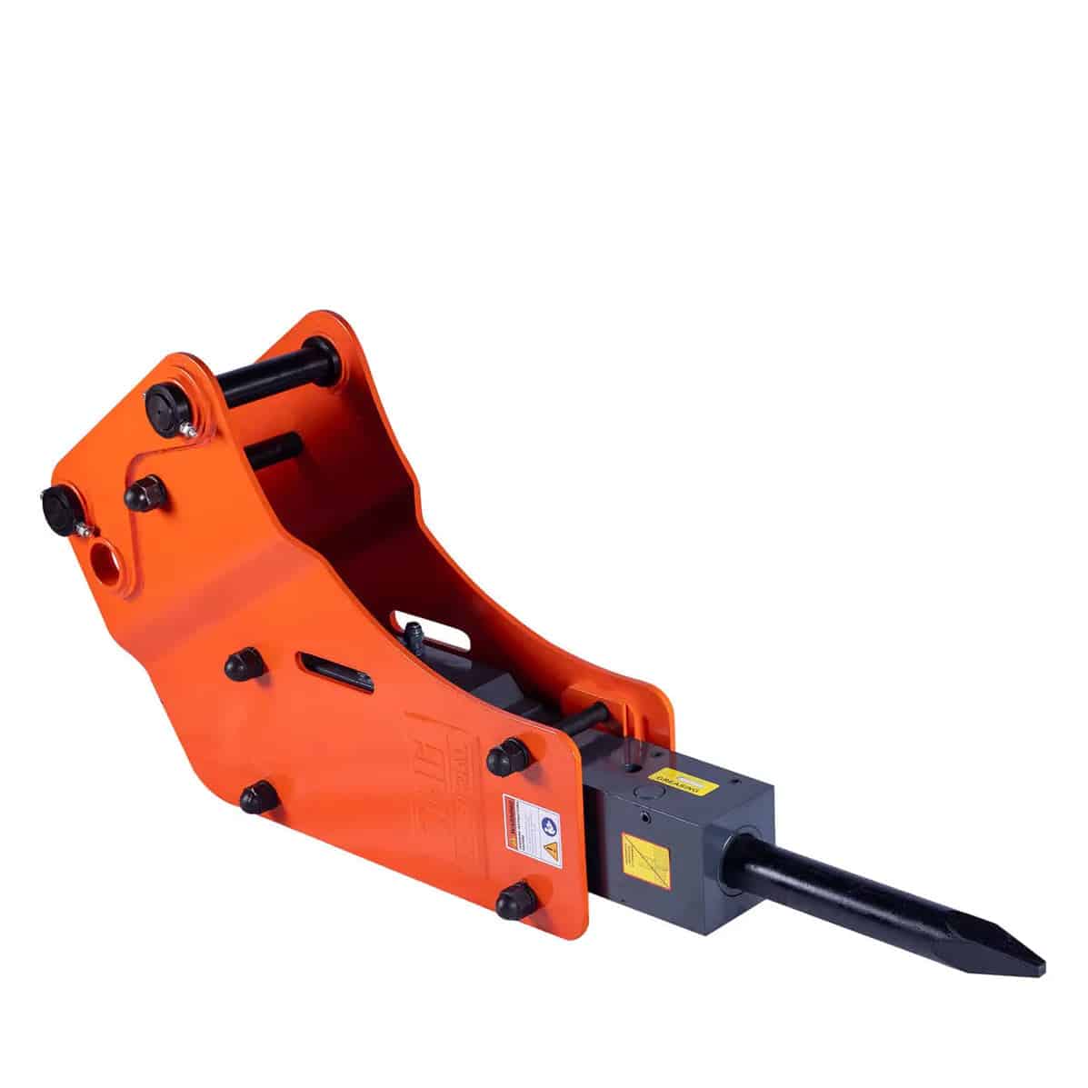 5f634c5f-58d8-53d7-b2a6-b0ebdca7d318jpg - ExcavatorPin Orange hydraulic breaker attachment with a black chisel for skid-steer demolition.