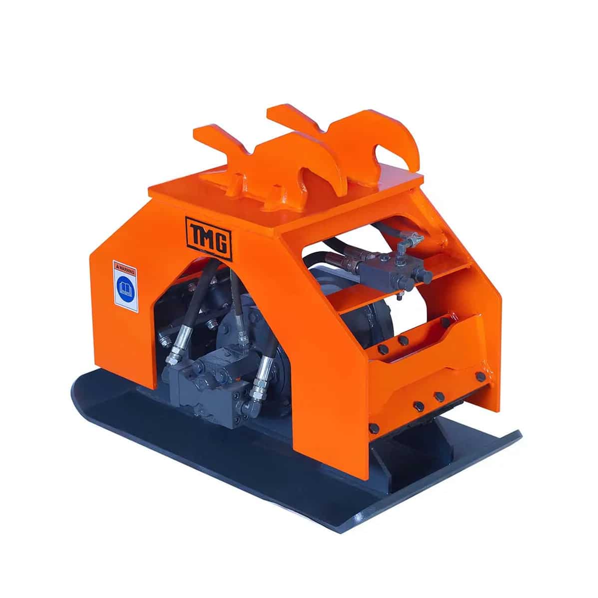 64d5e1a3-ef6d-5f43-9c25-28b6fa60fc3bjpg - ExcavatorPin Orange hydraulic grapple attachment with two curved claws and mounting base, used for lifting logs or debris