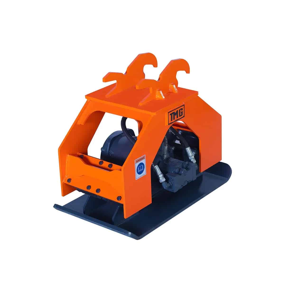 Orange Hydraulic Grapple Attachment on Blue Base - ExcavatorPin Orange hydraulic grapple attachment with two curved grapples mounted on a blue base plate.