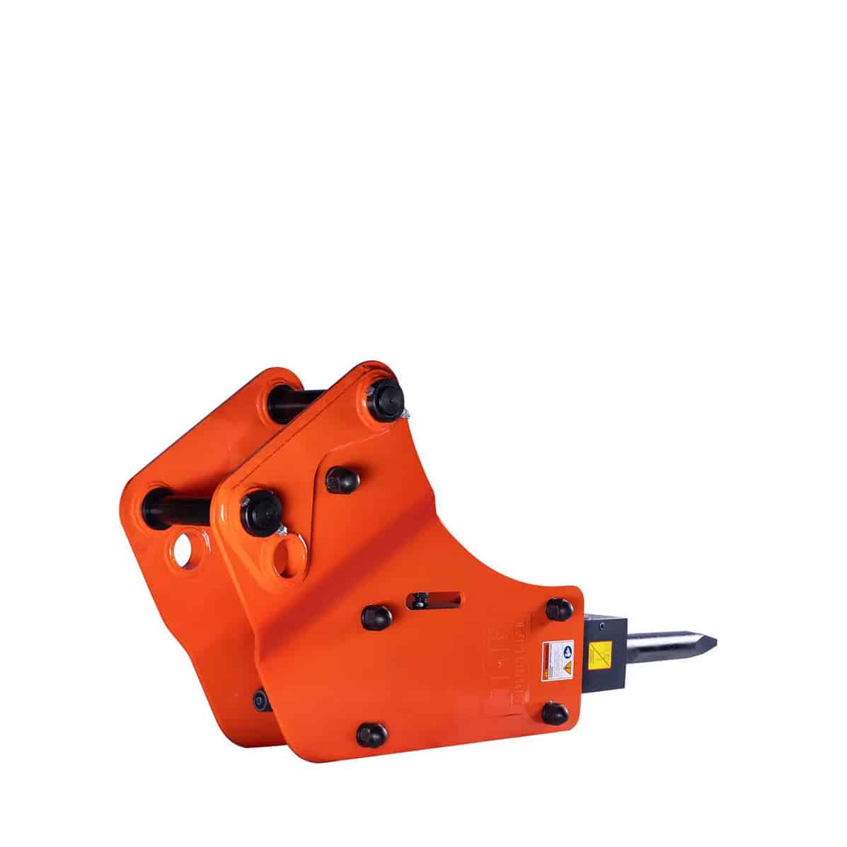6aacb612-cd6e-513a-bd9e-74cc86b0233cjpg - ExcavatorPin Orange hydraulic forklift attachment with two black forks and mounting plates, shown on a white background (informative image).