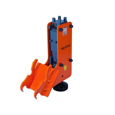 Orange industrial grapple attachment with curved jaws for material handling, labeled TMG-EPD700. Typical for cranes or forklifts to grab heavy items.