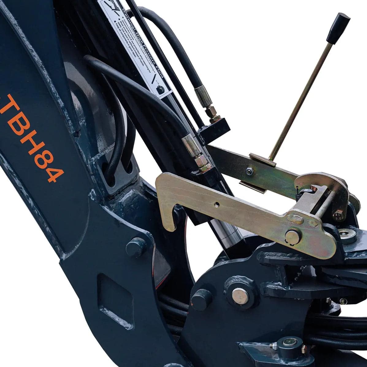 846809bd-77fe-518c-a6ca-827432cfb5c3jpg - ExcavatorPin Close-up of a hydraulic excavator arm showing linkage pins, hoses, and a metallic lever; orange 'TBH84' on a dark frame.