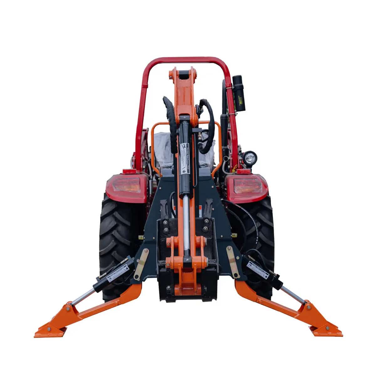 8577cbfc-52bd-55b5-aa2a-797ead1a8d6ajpg - ExcavatorPin Rear view of a red tractor with an orange hydraulic backhoe attachment and stabilizer legs extended for digging