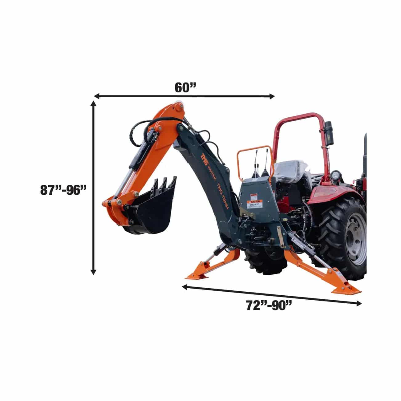 8c947240-dcf6-546b-b595-e9c3019ffb74jpg - ExcavatorPin Tractor with backhoe attachment; overall width 60 inches, height 87–96 inches, base length 72–90 inches.