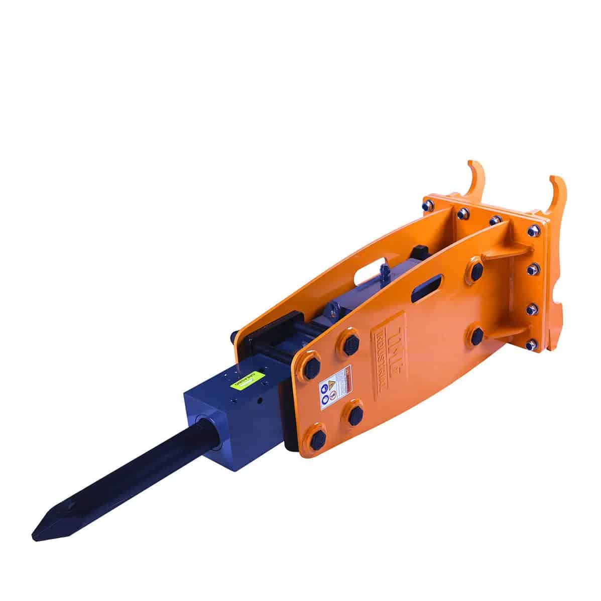 8d58cb61-3256-50db-8c76-d1853e719b7djpg - ExcavatorPin Orange hydraulic breaker attachment for an excavator, with a blue mounting block and a long black chisel at the front, used for breaking concrete or rock