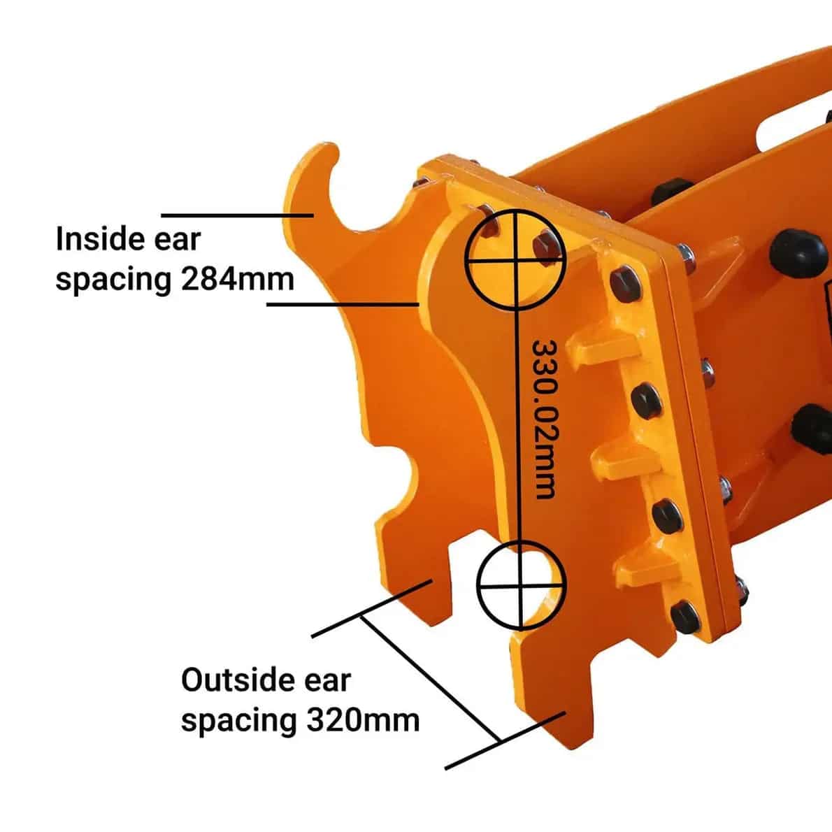 8fc515a8-822e-5801-81ab-40511f66072djpg - ExcavatorPin Technical diagram of an orange attachment showing inside ear spacing 284 mm and outside ear spacing 320 mm with crosshair callouts for mounting alignment.
