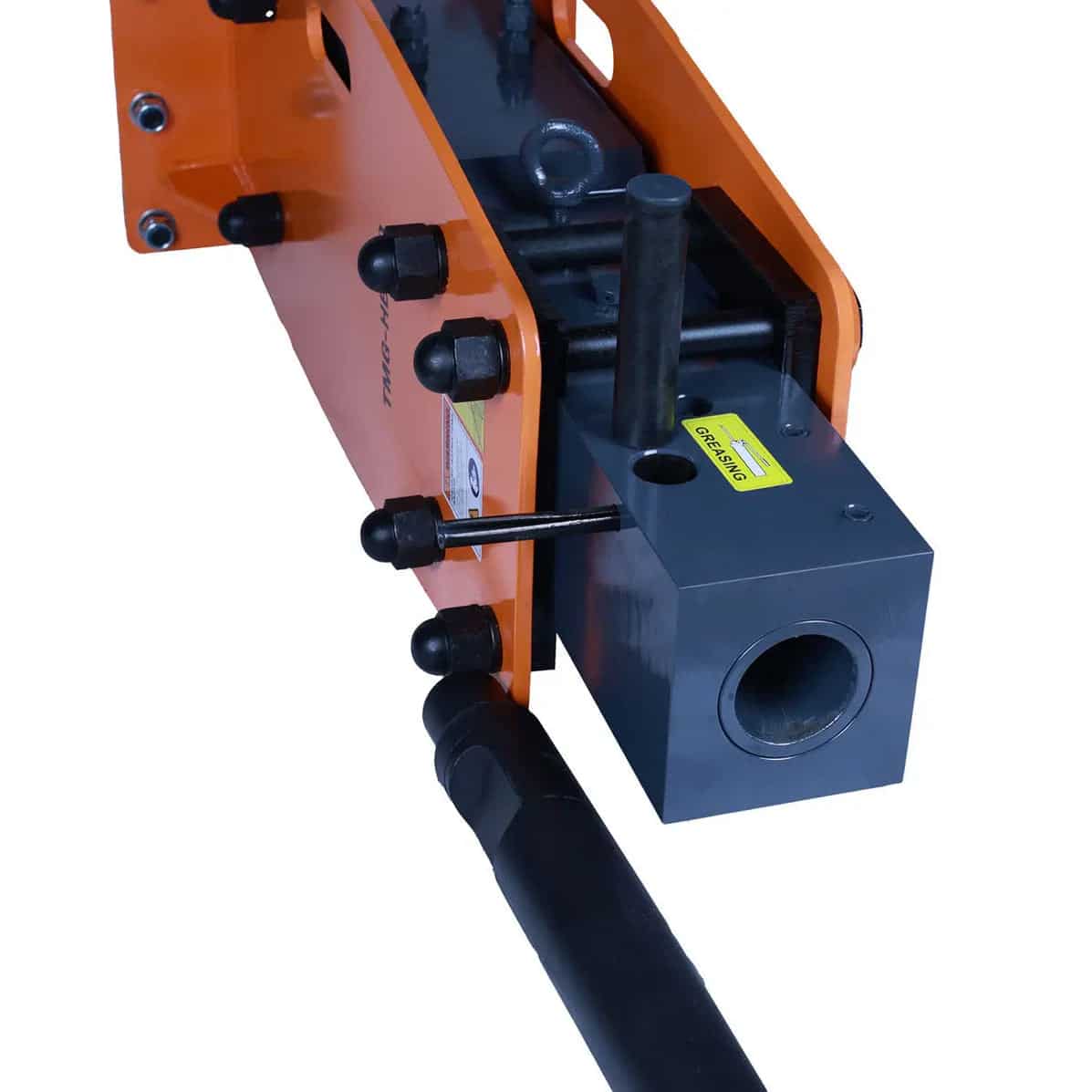 9e7eae60-4f22-5bbe-9803-dc3a149d3429jpg - ExcavatorPin Industrial hydraulic crimping/press tool with an orange frame, blue hydraulic block, and a long black lever handle.