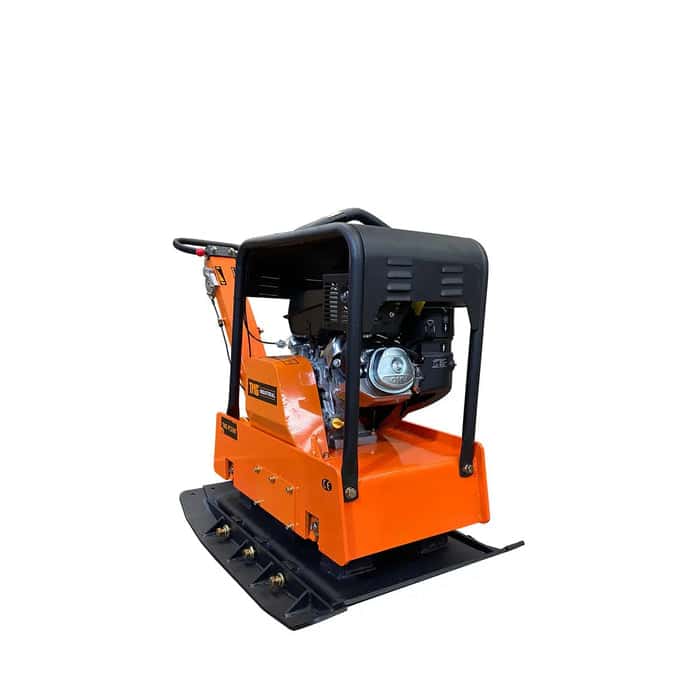Reversible-Plate-Compactor-8500-lb-Compact-Capacity-14-HP-CH440-Kohler-Command-Pro-Series-Engine-34-Compaction-Depth-TMG-PC330K-2_700x700jpg - ExcavatorPin Orange plate compactor machine with a black protective frame and engine mounted on a steel base plate, used for soil compaction on construction sites.