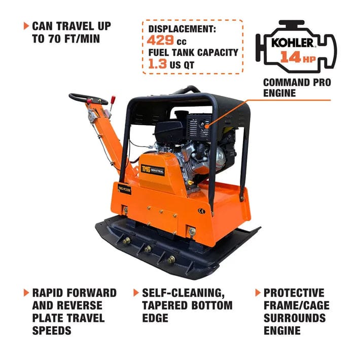 Reversible-Plate-Compactor-8500-lb-Compact-Capacity-14-HP-CH440-Kohler-Command-Pro-Series-Engine-34-Compaction-Depth-TMG-PC330K-3_700x700jpg - ExcavatorPin Orange plate compactor with exposed engine and handle, showing Kohler 14 HP engine, 429 cc displacement, 1.3 qt tank, and features like rapid travel speeds, self-cleaning bottom edge, and a protective frame around the engine.