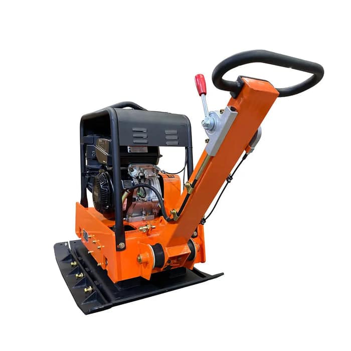 Reversible-Plate-Compactor-8500-lb-Compact-Capacity-14-HP-CH440-Kohler-Command-Pro-Series-Engine-34-Compaction-Depth-TMG-PC330K-4_700x700jpg - ExcavatorPin Orange plate compactor with engine and long handle, used to compact soil or asphalt on construction sites.