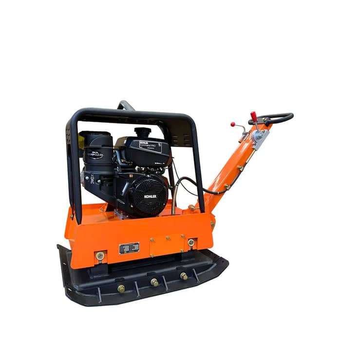 Reversible-Plate-Compactor-8500-lb-Compact-Capacity-14-HP-CH440-Kohler-Command-Pro-Series-Engine-34-Compaction-Depth-TMG-PC330K-6_700x700jpg - ExcavatorPin Orange plate compactor with a black Kohler engine and handle, used for soil compaction in construction.