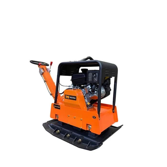Reversible-Plate-Compactor-8500-lb-Compact-Capacity-14-HP-CH440-Kohler-Command-Pro-Series-Engine-34-Compaction-Depth-TMG-PC330K_700x700jpg - ExcavatorPin Orange plate compactor with engine and handlebars used to compact soil or gravel on construction sites