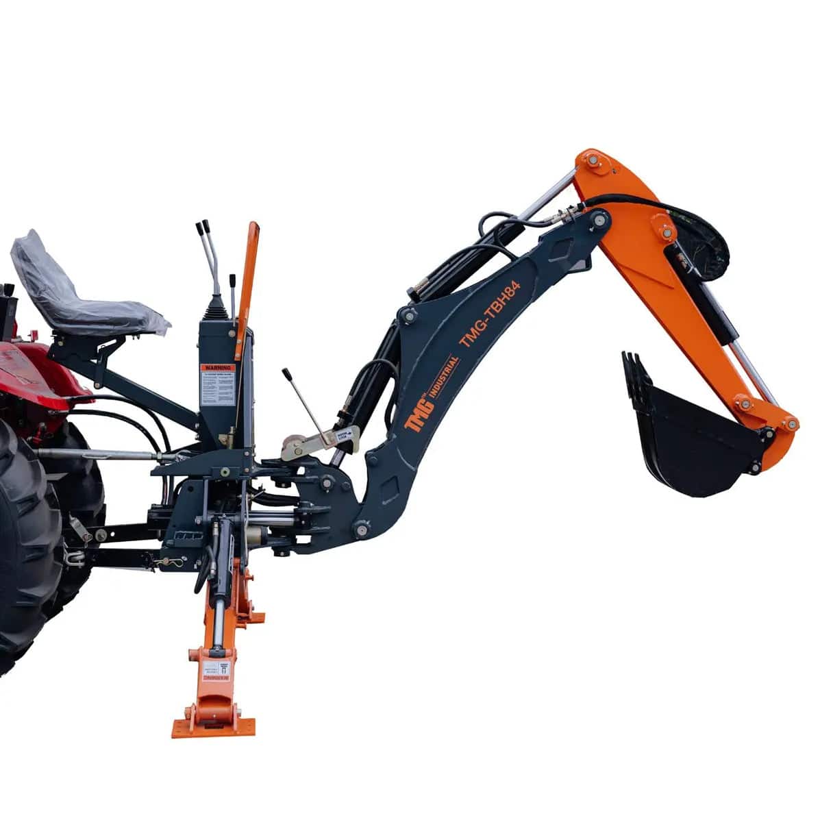 a316d1ef-67b8-50bb-9aa3-145fa3d3a4f1jpg - ExcavatorPin Tractor equipped with a blue and orange backhoe attachment and digging bucket.
