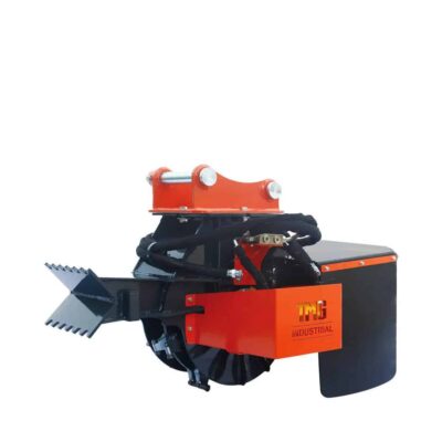Industrial hydraulic stump grinder/mulcher attachment with orange housing and rotating cutting drum