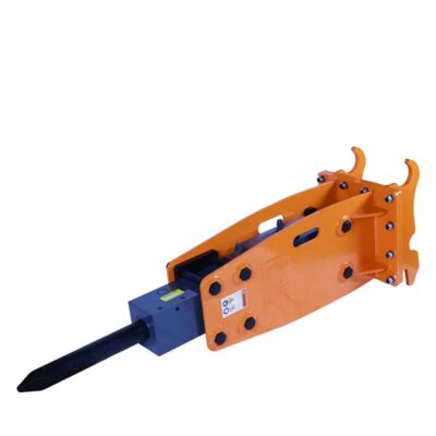 Orange hydraulic breaker attachment for heavy machinery, with a black chisel bit extending from a blue hydraulic power unit, used to break rock or concrete.