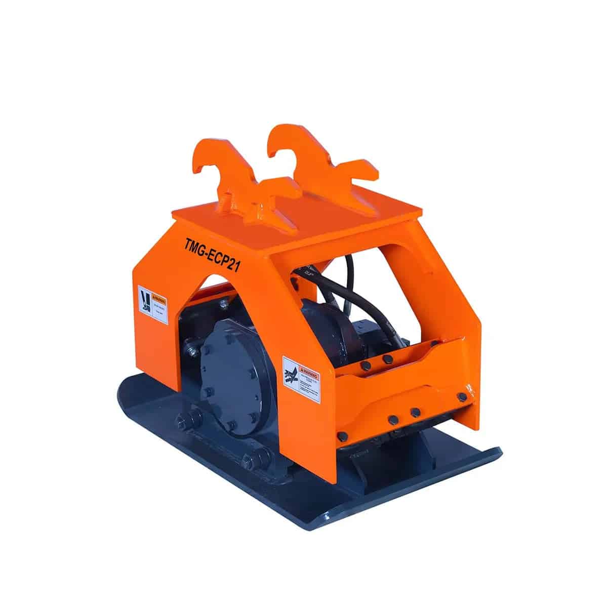 TMG-ECP21 Hydraulic Grapple Attachment - ExcavatorPin Orange TMG-ECP21 hydraulic grapple attachment for heavy machinery mounted on a blue base plate.