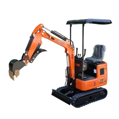 Orange mini excavator with tracked undercarriage and a long digging arm with a metal bucket facing left