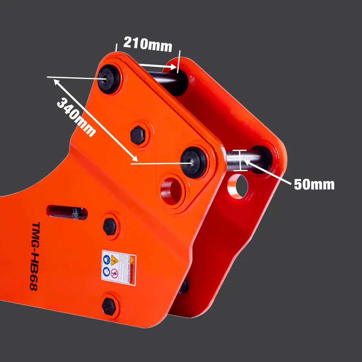 d11e01ad-ad83-51f4-ba1d-971b14291667jpg - ExcavatorPin Close-up of an orange metal hinge with labeled measurements: 210 mm between pins, 340 mm length, and a 50 mm pin diameter/spacing (illustrative dimension labels).