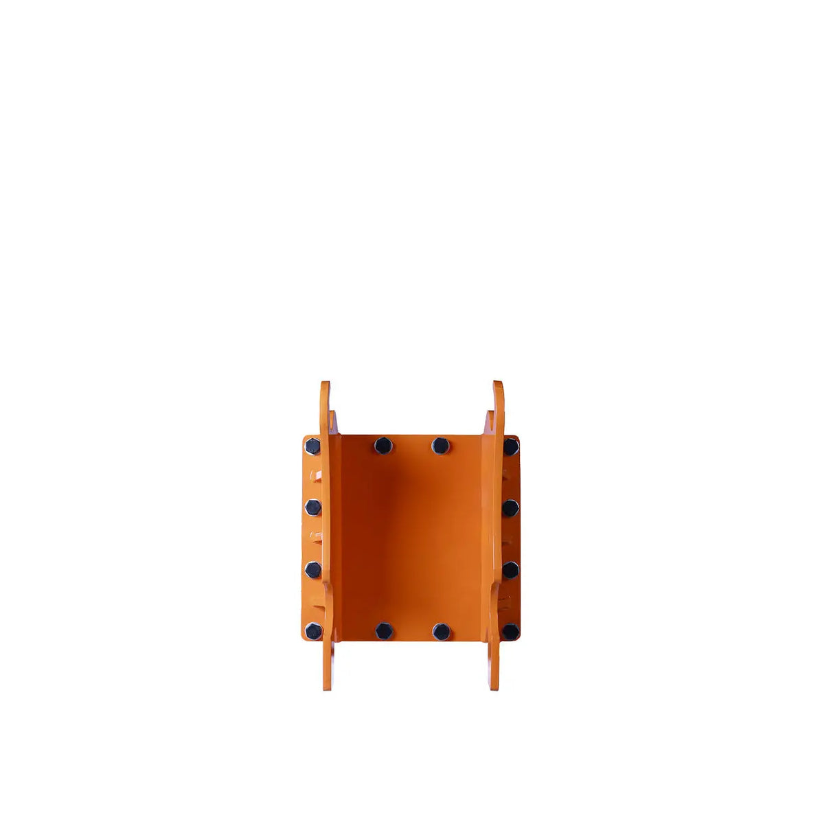 de3c4c68-e444-5208-82dc-b111fbfa0829jpg - ExcavatorPin Orange metal mounting bracket with side flanges and multiple bolt holes along the edges, forming a square block piece for attachment.