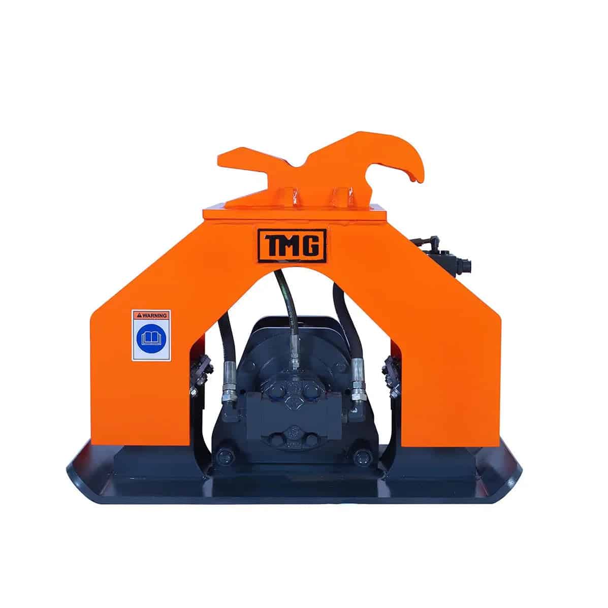 Orange Hydraulic Grapple Attachment Front View - ExcavatorPin Orange hydraulic grapple attachment for a skid steer with hoses and mounting structure visible.