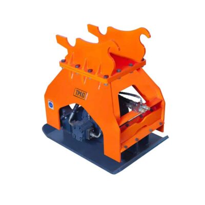 e8038eec-d8c9-5a06-823f-4ed03aff452ajpg - ExcavatorPin Bright orange hydraulic grappler attachment with curved claw-like jaws on a dark base, for excavators or loaders.
