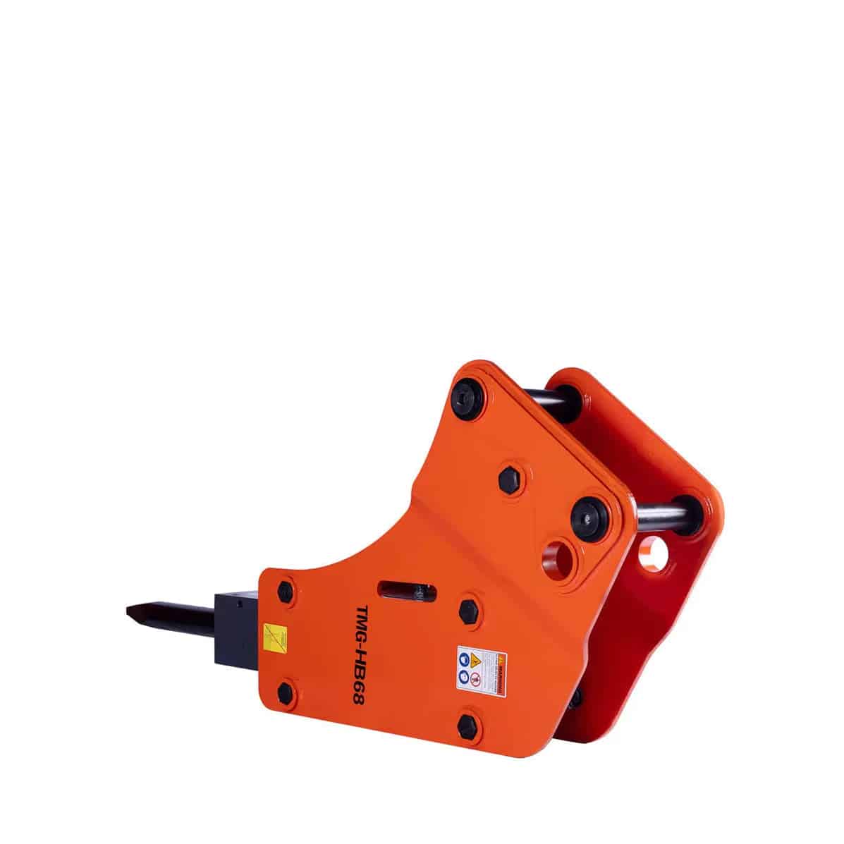 ee9f26a1-af2d-5d9d-8cf0-22baf04831b8jpg - ExcavatorPin Orange hydraulic tool with a curved body and pin joints, shown at an angle with a black power/drive rod extending from the left