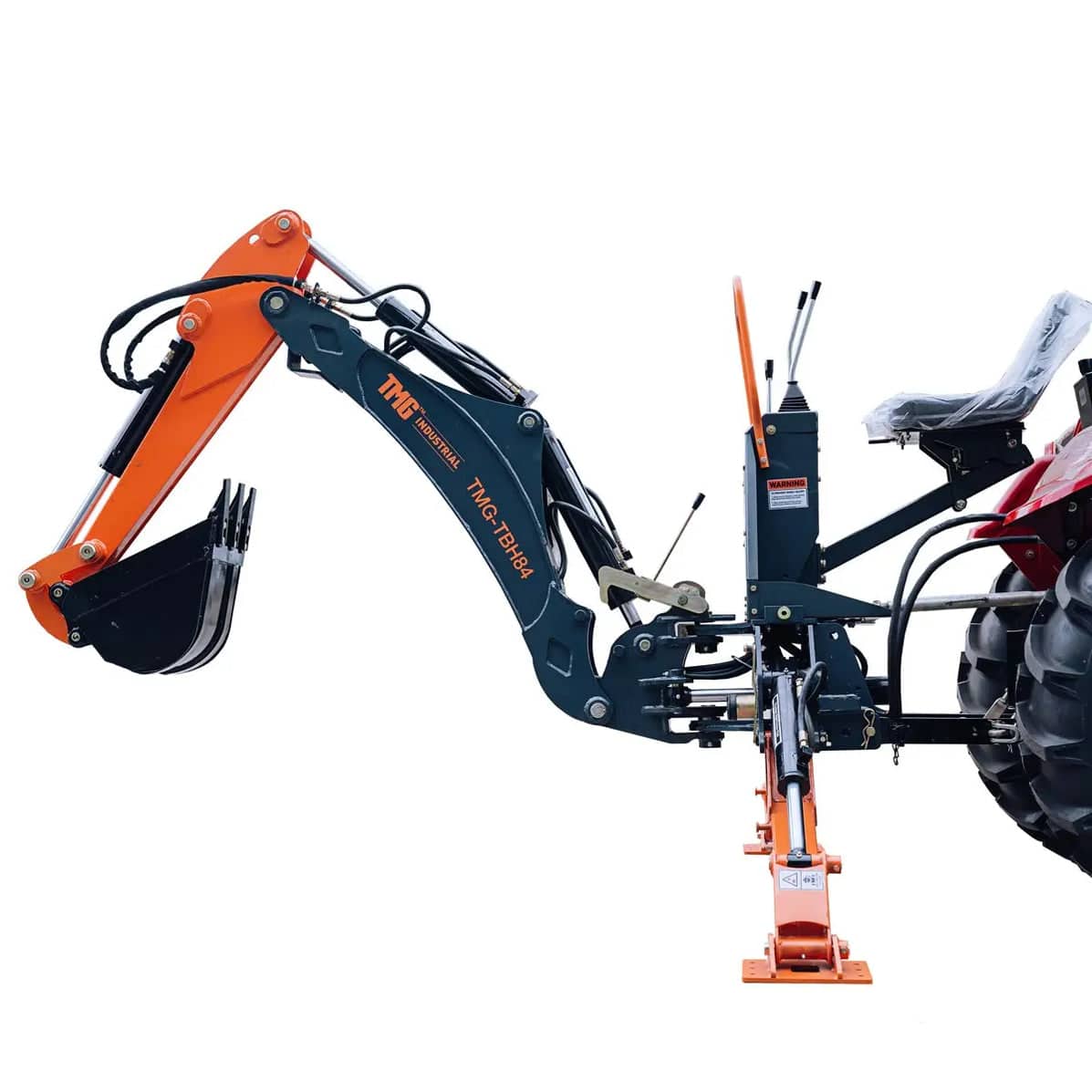 fc2a14fa-55e7-57e9-8cde-51bf6b10b9bdjpg - ExcavatorPin Tractor with a blue and orange hydraulic backhoe attachment extended to the left, showing hydraulic cylinders and a stabilizing stand under the frame